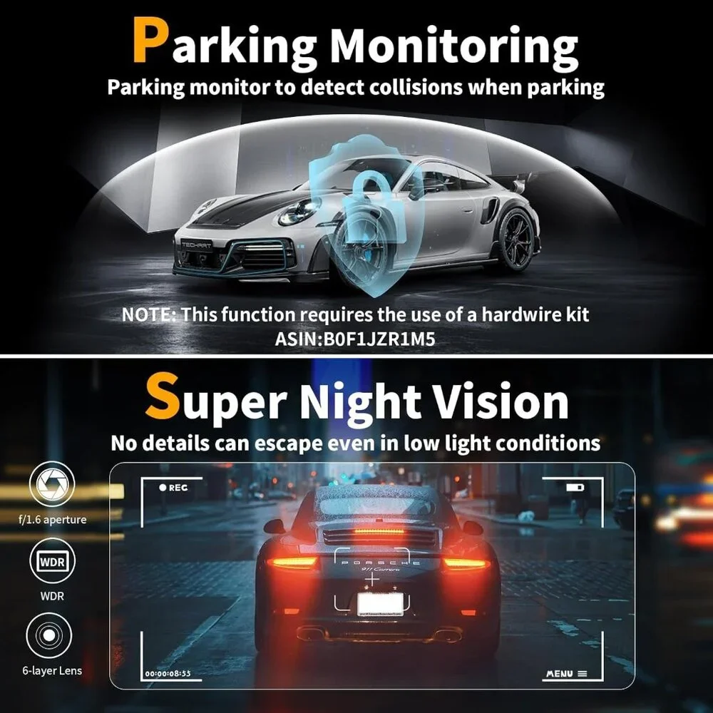 Dash Cam Front and Rear 4K Dual Channel with 64GB Card Wide Angle Night Vision